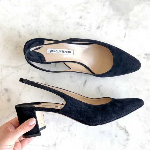 Manolo Blahnik Allurasa Suede Slingback Heel in Black Size 11.5 - Picture 3 of 11
